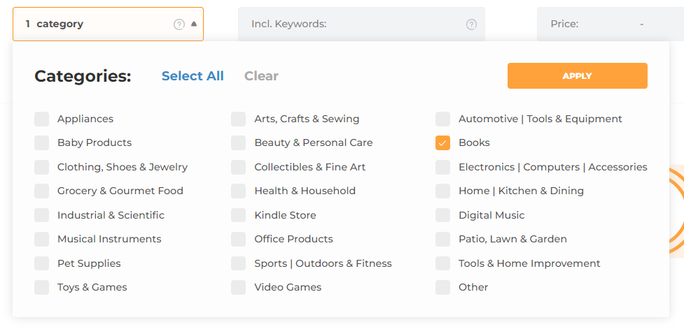 here to choose Books Category in the AMZScout Product Database