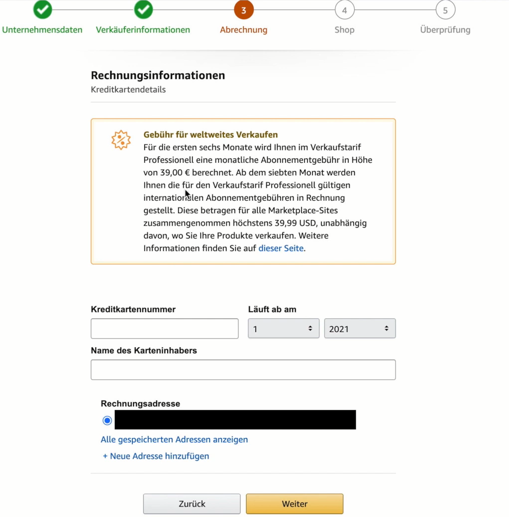 Seite der Abrechnungsmethode für das Amazon-Verkäuferkontos