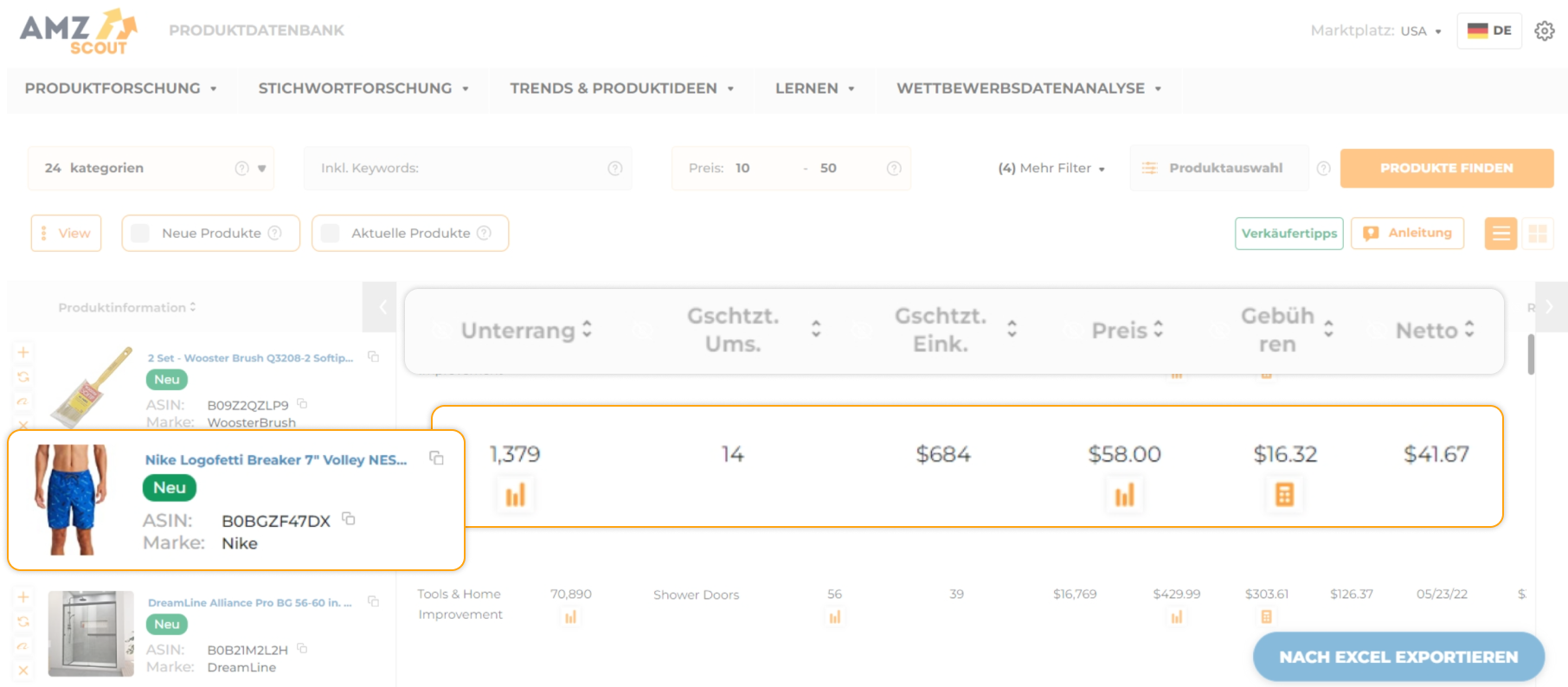 Analysieren Sie die Ergebnisse der AMZScout-Produktdatenbank