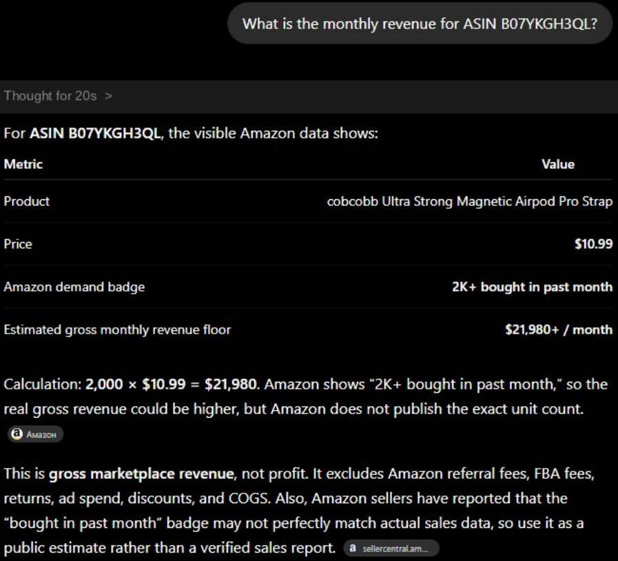 ChatGPT Pro: structured table with visible Amazon signals — price, demand badge, revenue floor calculation. Honestly labeled as gross estimate, not verified sales. ChatGPT Pro: structured table with visible Amazon signals — price, demand badge, revenue floor calculation. Honestly labeled as gross estimate, not verified sales.