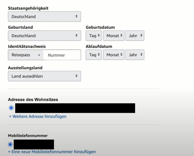 Formular zur Identifizierung des Amazon-Verkäuferkontos