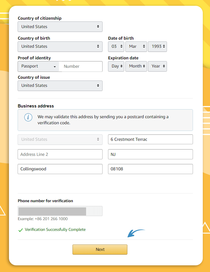 Amazon seller account identification form