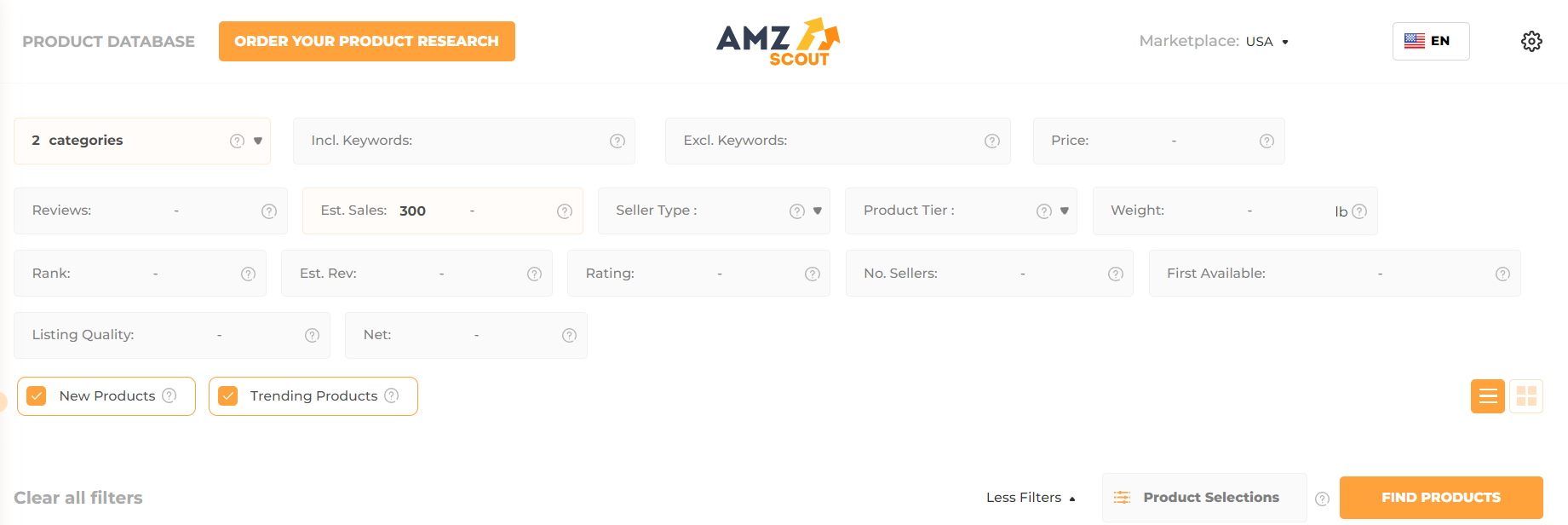 Use AMZScout Product Database filters to find a niche on Amazon