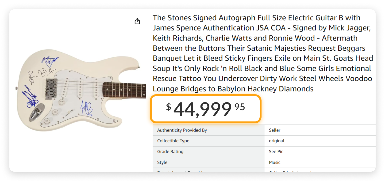 Most Expensive Amazon Products: The Stones Signed Autograph Full Size Electric Guitar Most Expensive Amazon Products: The Stones Signed Autograph Full Size Electric Guitar