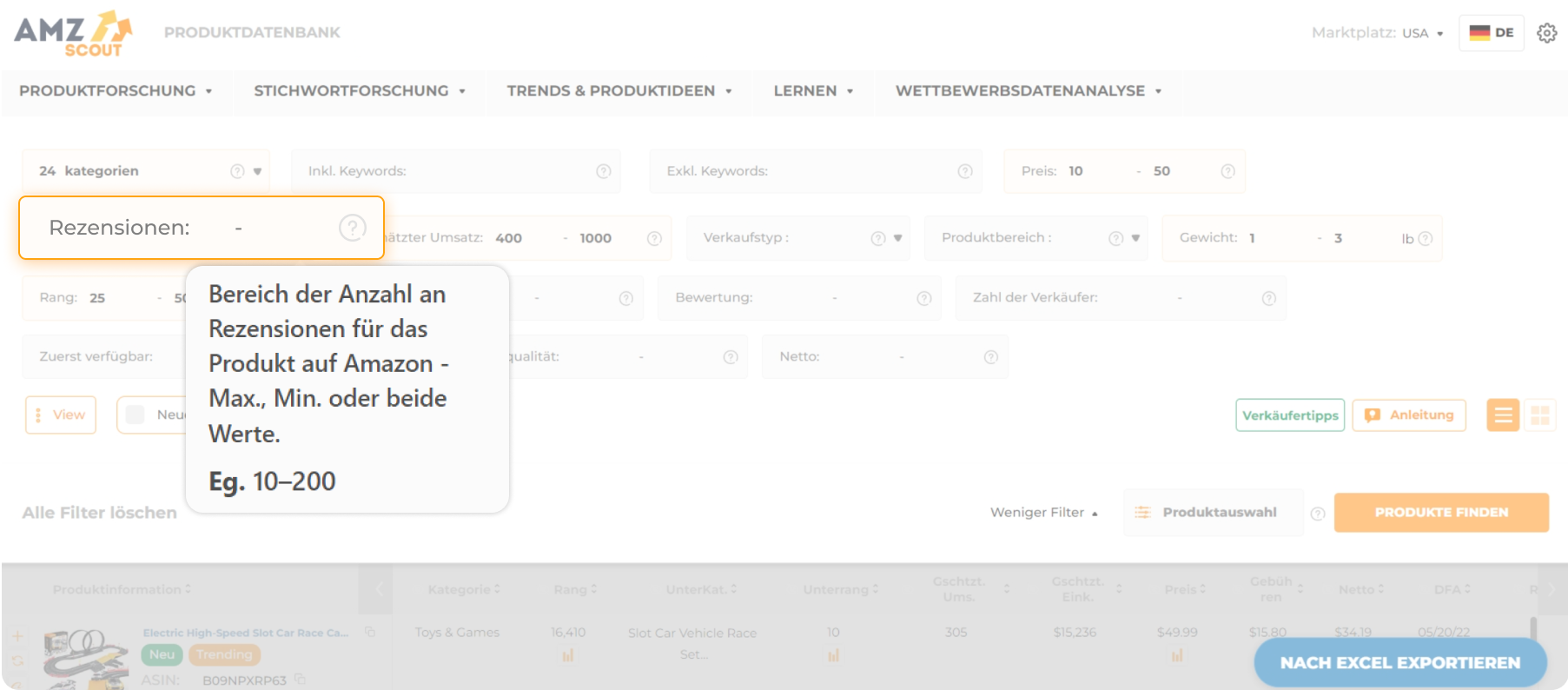 Überprüfungsfilter der AMZScout-Produktdatenbank