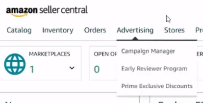 How to open Advertising tab in Amazon seller central 