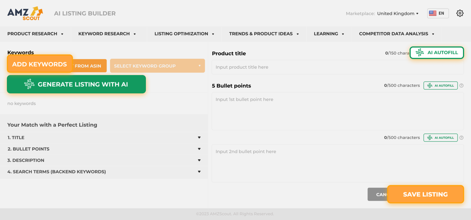 AI Listing Builder dashboard AI Listing Builder dashboard blank