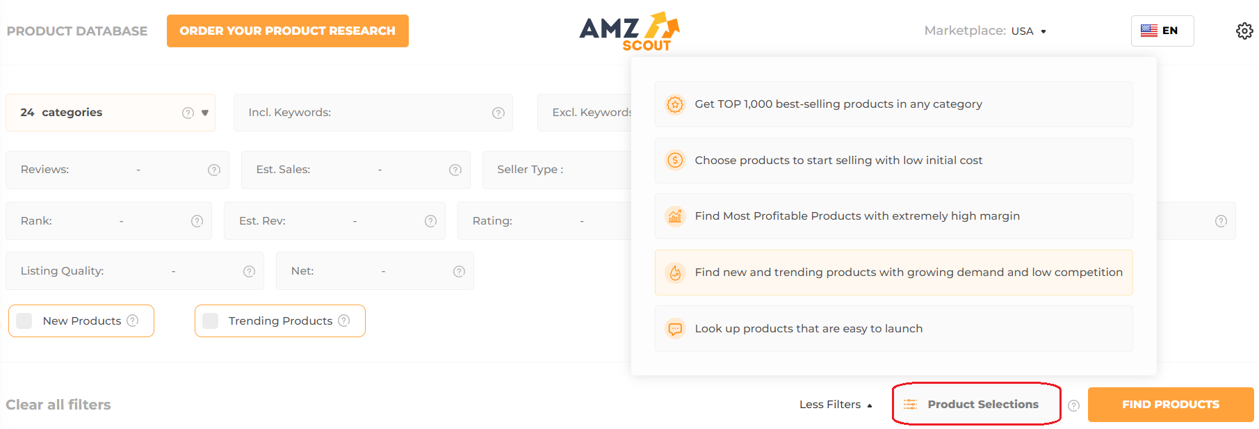 Uso de selecciones de productos en la base de datos de productos de AMZScout