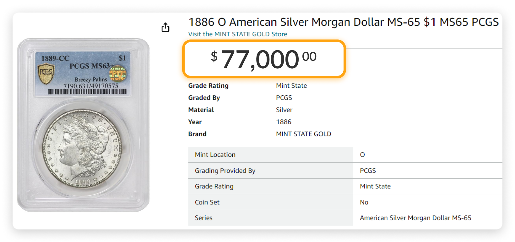 Most Expensive Items on Amazon: 1889 CC American Silver Morgan Dollar  Most Expensive Items on Amazon: 1889 CC American Silver Morgan Dollar