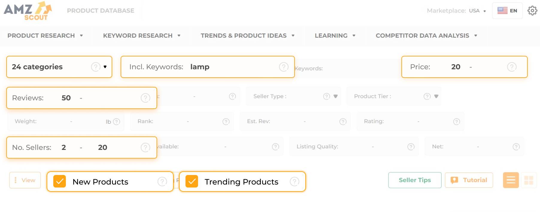 Which AMZScout Product Database Filters to choose