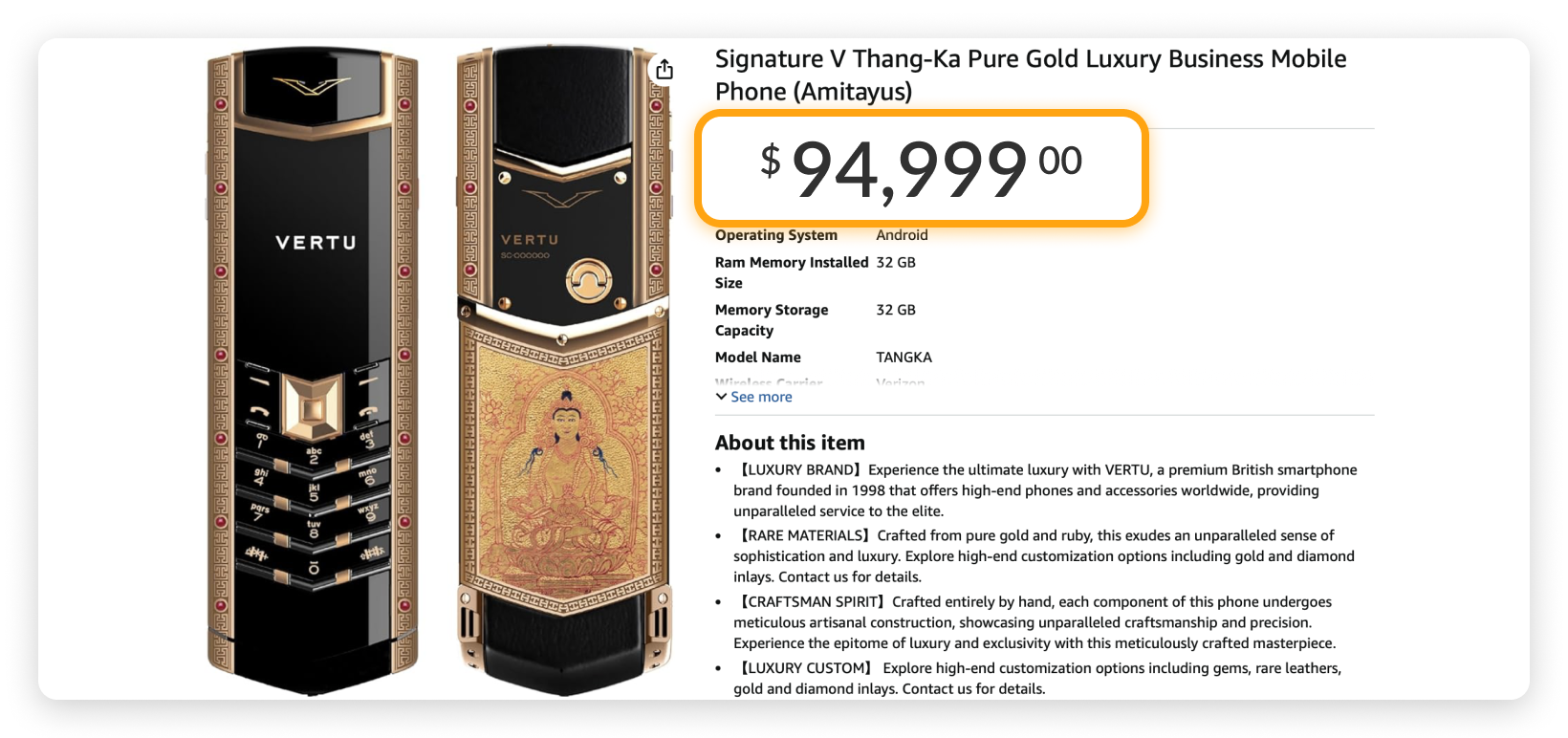 Most Expensive Items on Amazon: VERTU Signature V Thang-Ka Pure Gold Luxury Business Mobile Phone Most Expensive Items on Amazon: VERTU Signature V Thang-Ka Pure Gold Luxury Business Mobile Phone