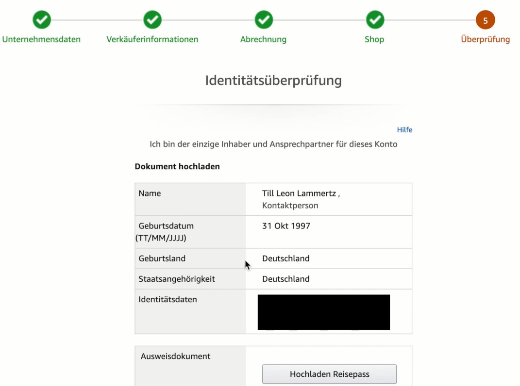 Verifizierungsantrag zur Identifizierung des Amazon-Verkäuferkontos