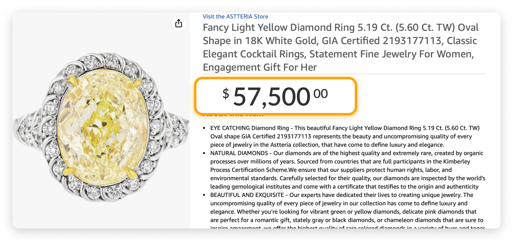 Most Expensive Items on Amazon: Fancy Light Yellow Diamond Ring 5.19 Ct. 