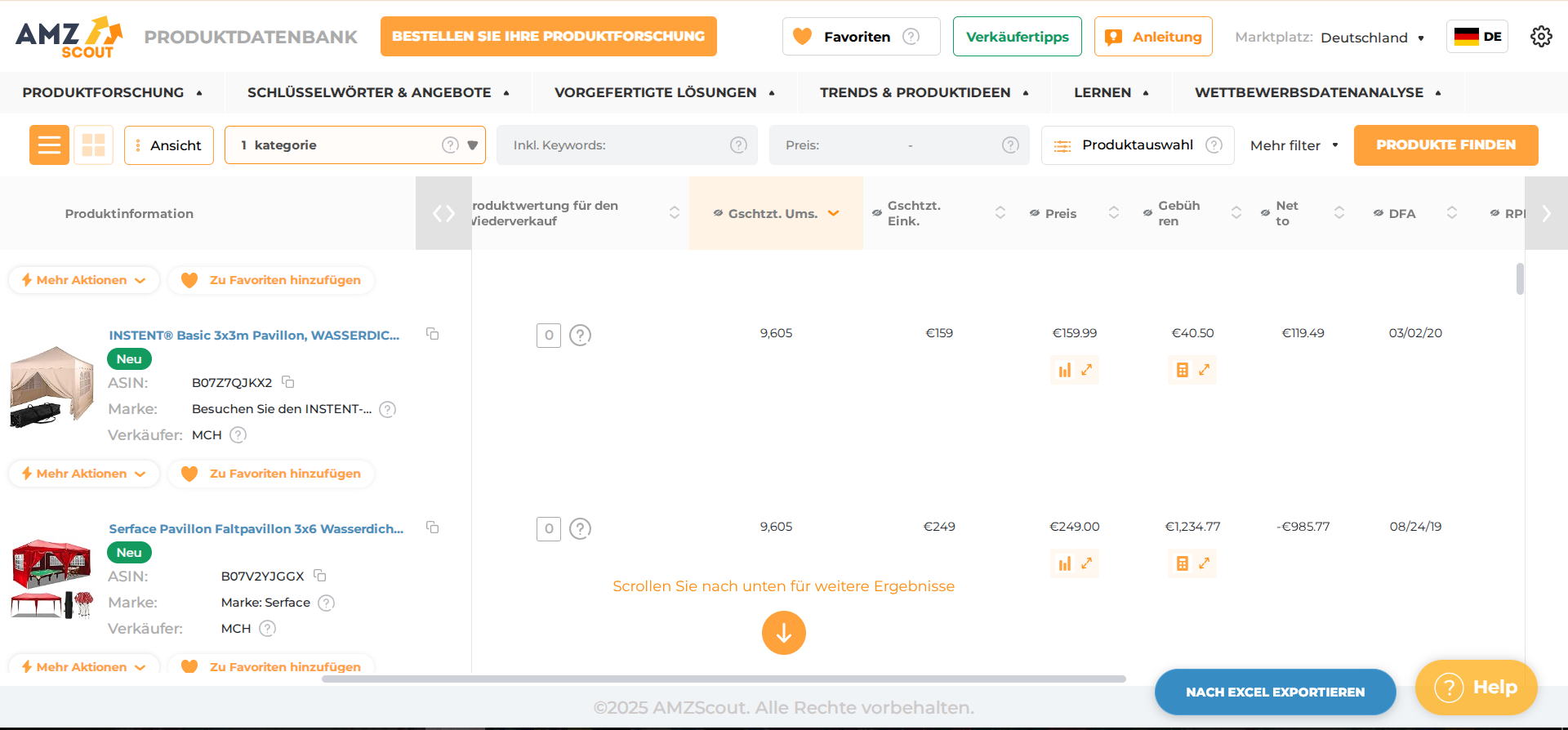 AMZScout-Produktdatenbank - Analysieren Sie Ihre Ergebnisse