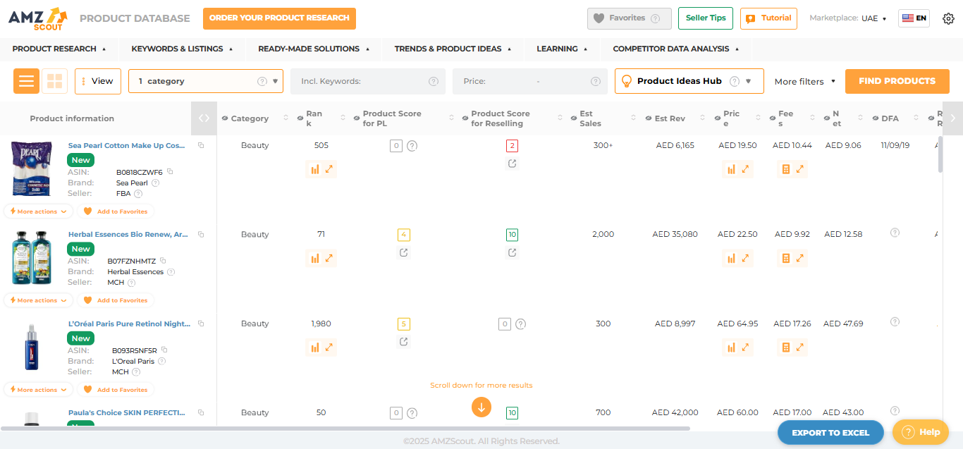 Product Database Results for UAE Marketplace