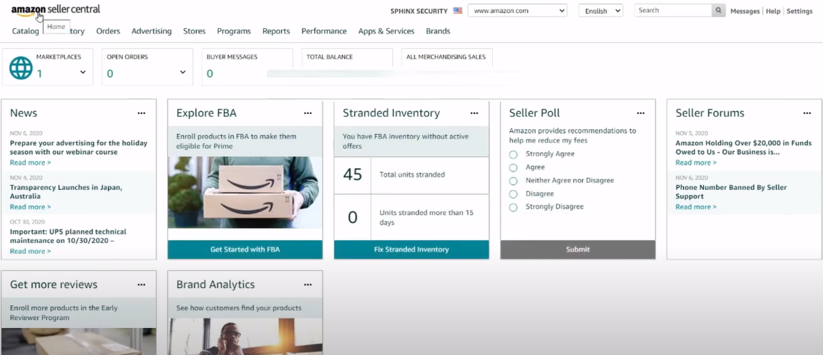 What the Amazon Seller Central homepage looks like