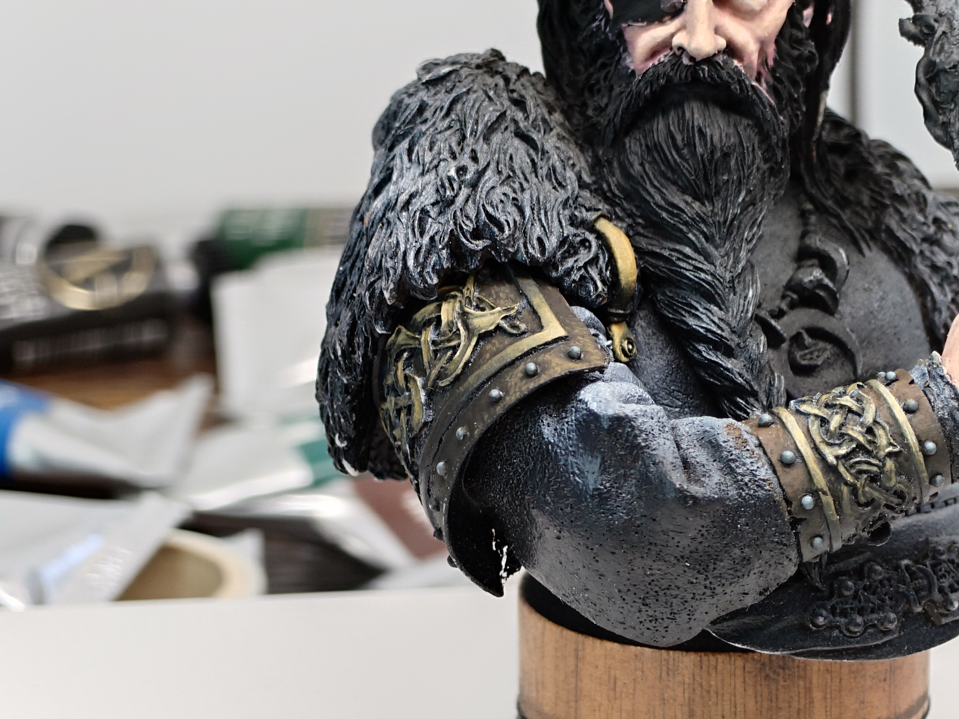 Close up of leather work on odin bust