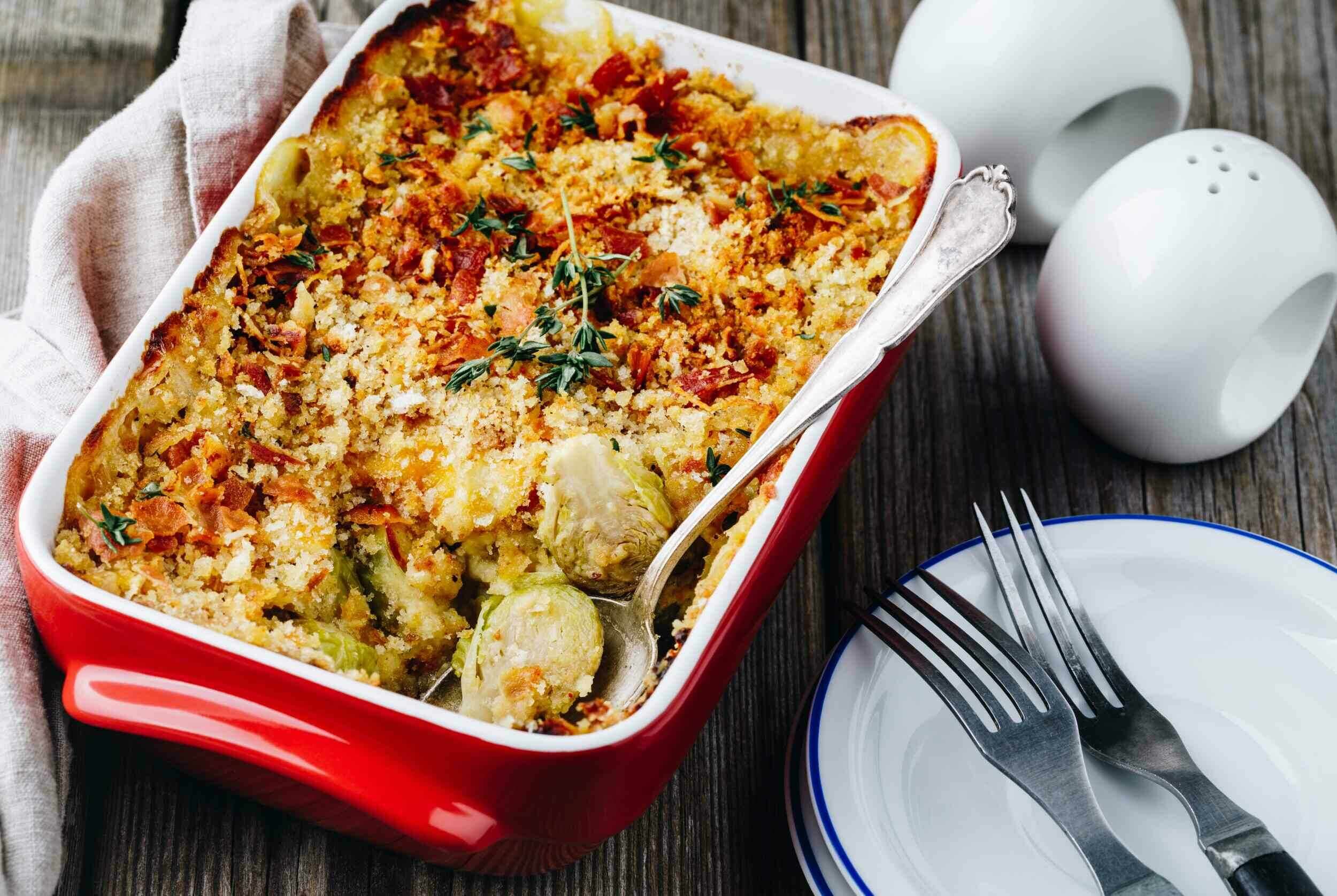 Cheesy Bacon Brussels Sprout Gratin