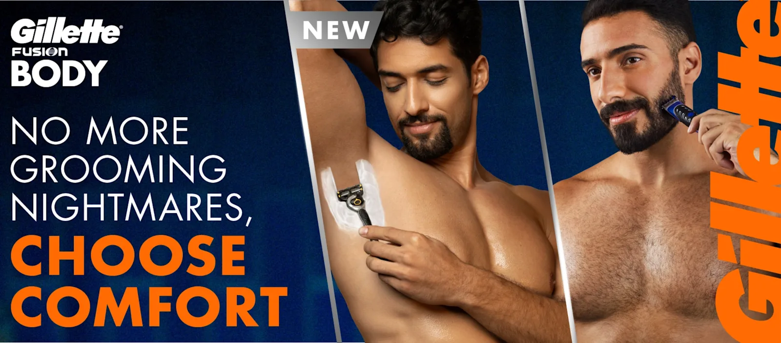 Gillette Fusion Body hero banner with text No More Grooming Nightmares, Choose Comfort.