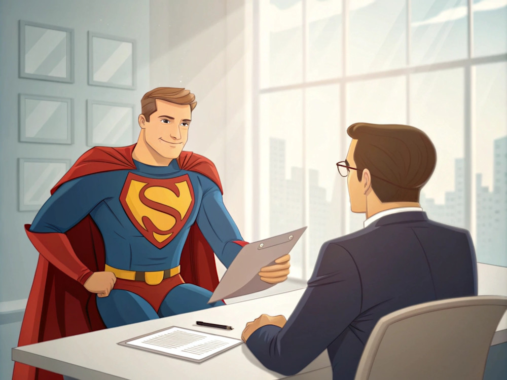 superman at a table across from job interviewer