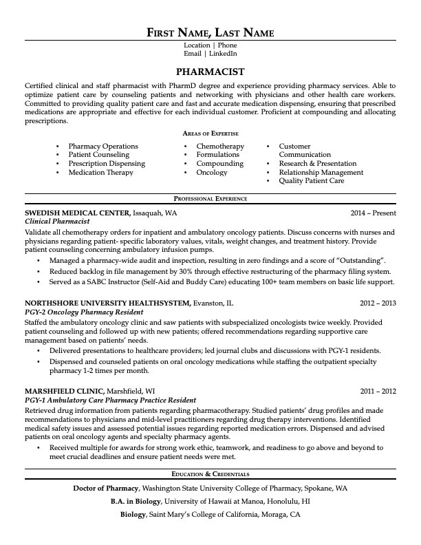 sample resume for pharmacist in canada