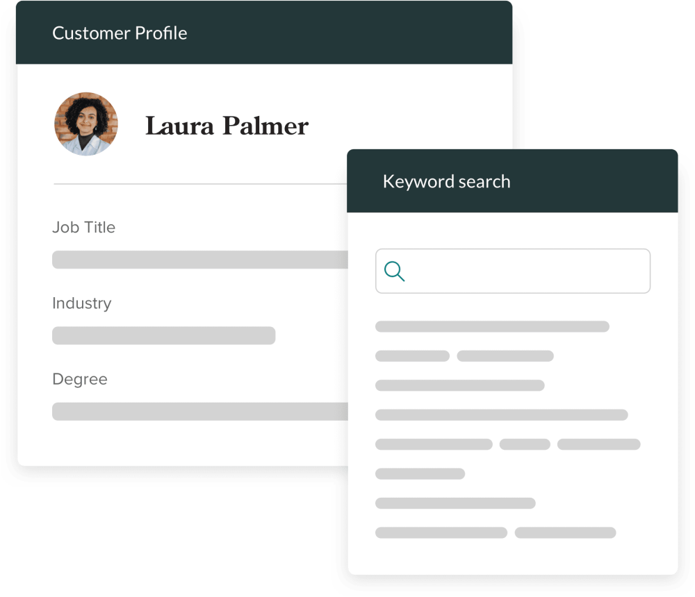 Mockup of Customer Profiles showing job title, industry and degree with keyword search. 