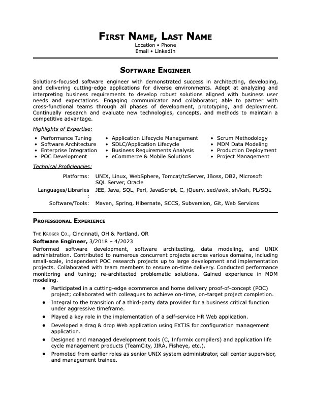 professional resume format for software engineer
