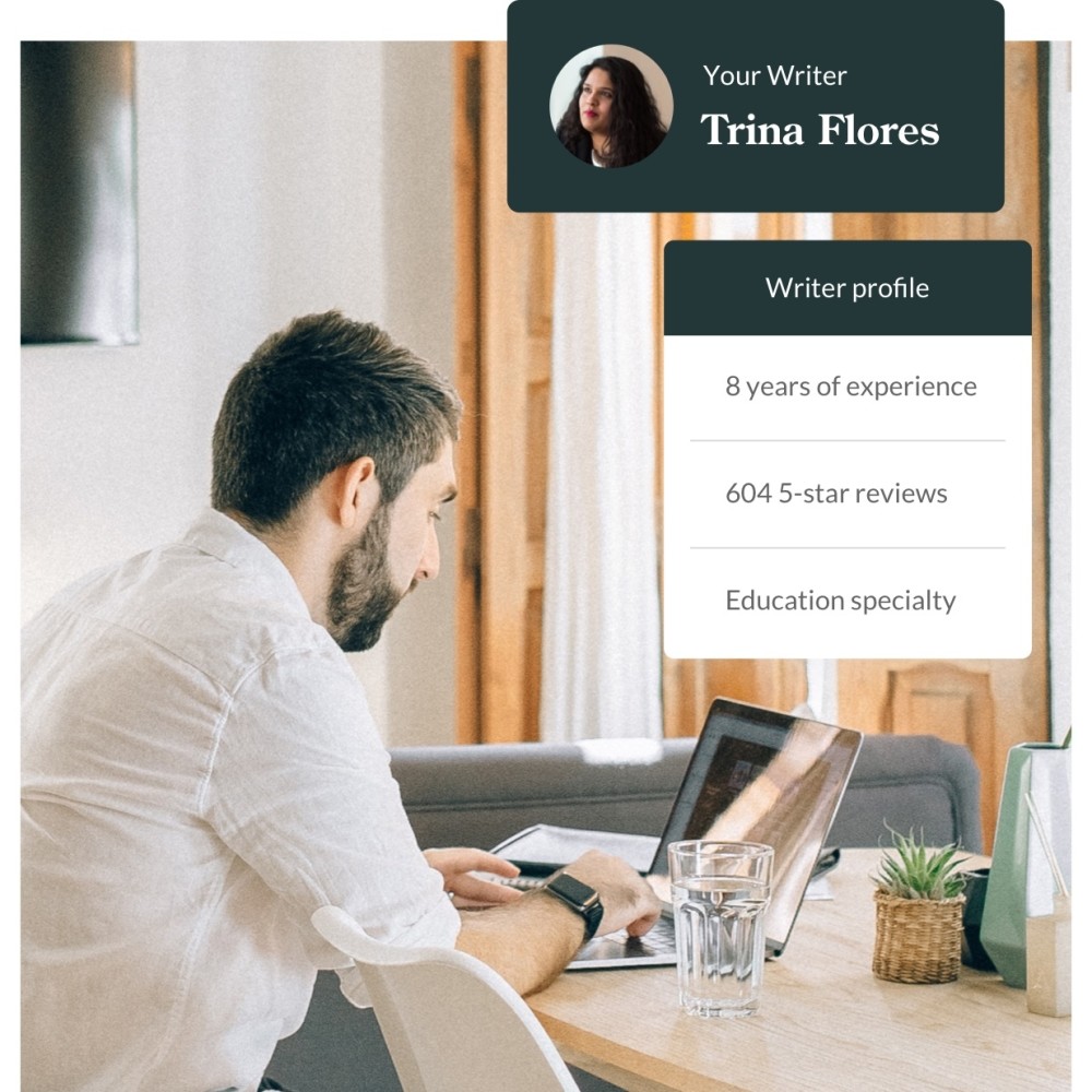 Working at table with writer profile overlaid (8 years of experience, 604 5-star reviews, Education specialty)