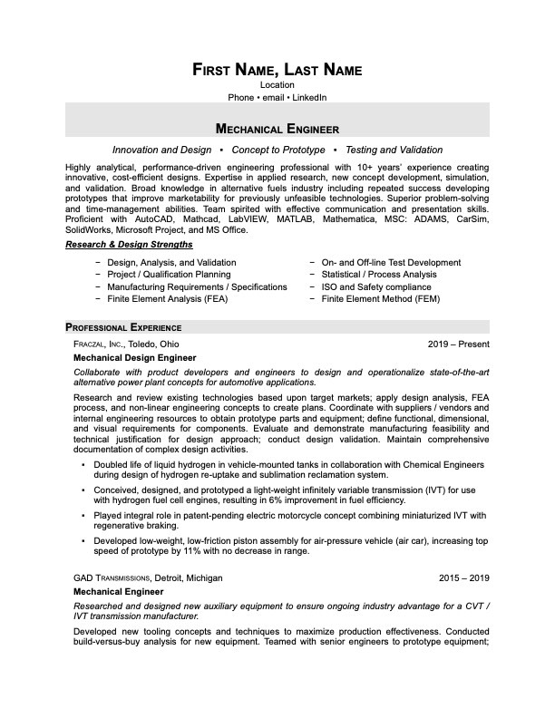 professional resume format for mechanical engineer