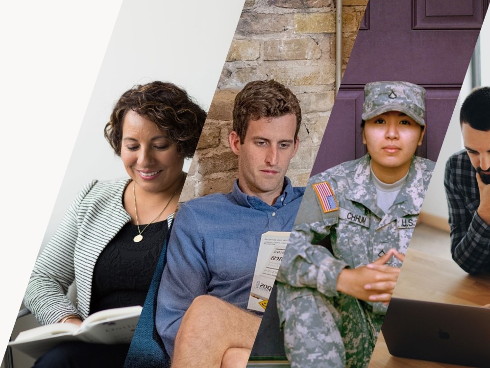 Women reading a book, man reading a book, military women, man with headphone and reading notebook