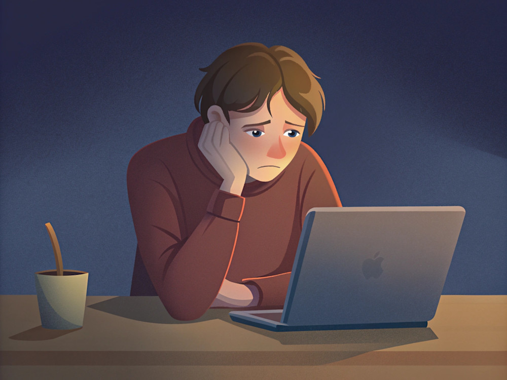 someone behind a laptop looking sad