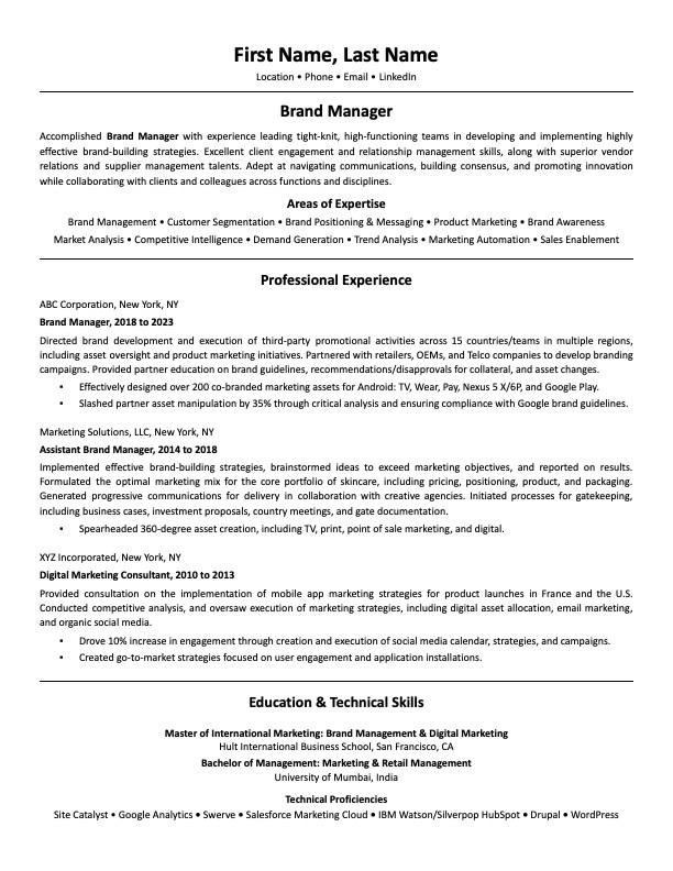 brand manager resume summary examples