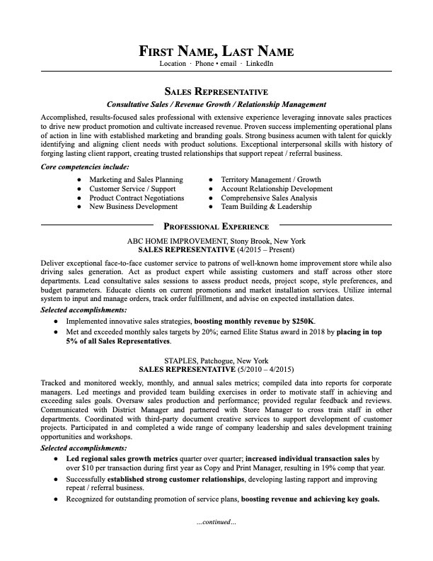 resume summary examples for sales representative
