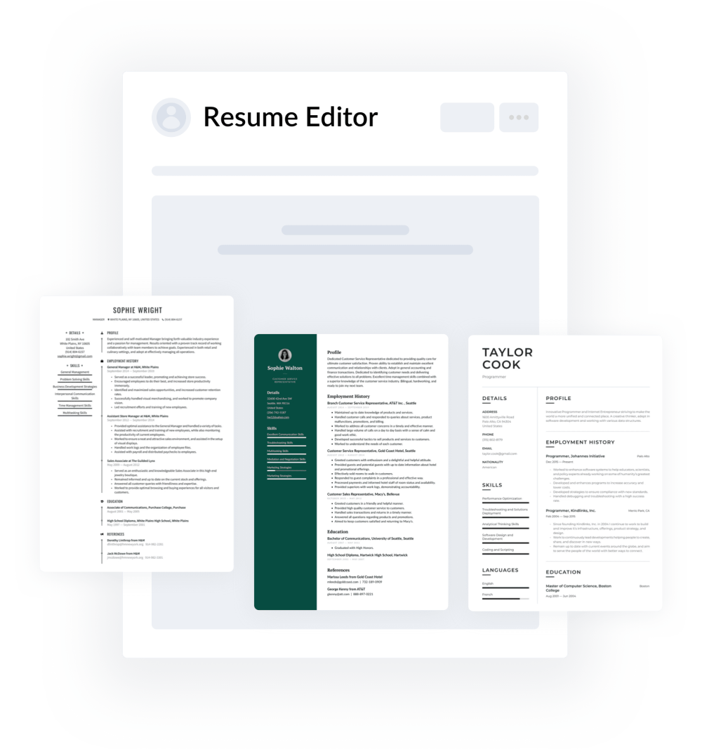 Resume editor image with 3 different resume templates 
