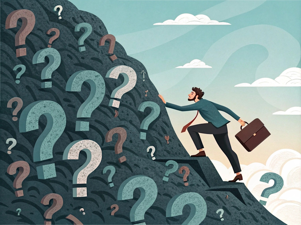 A job seeker climbing a mountain made of question marks