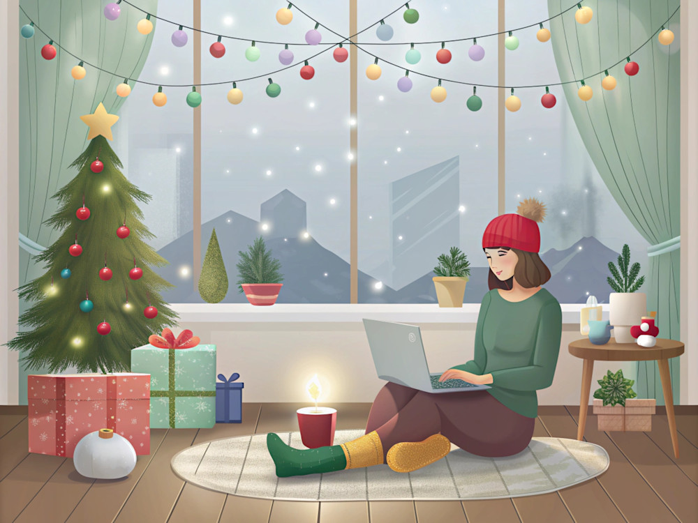 Person inside behind laptop looking for job during christmas time