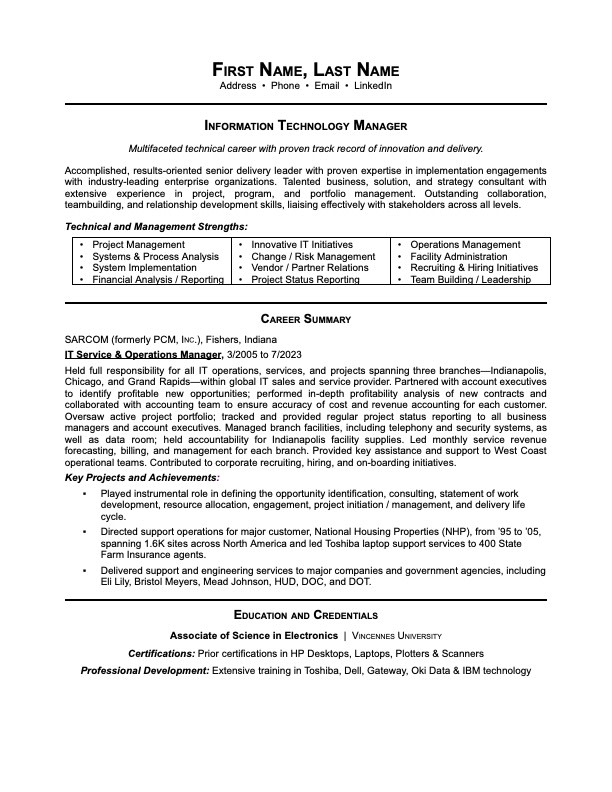 it manager resume summary examples