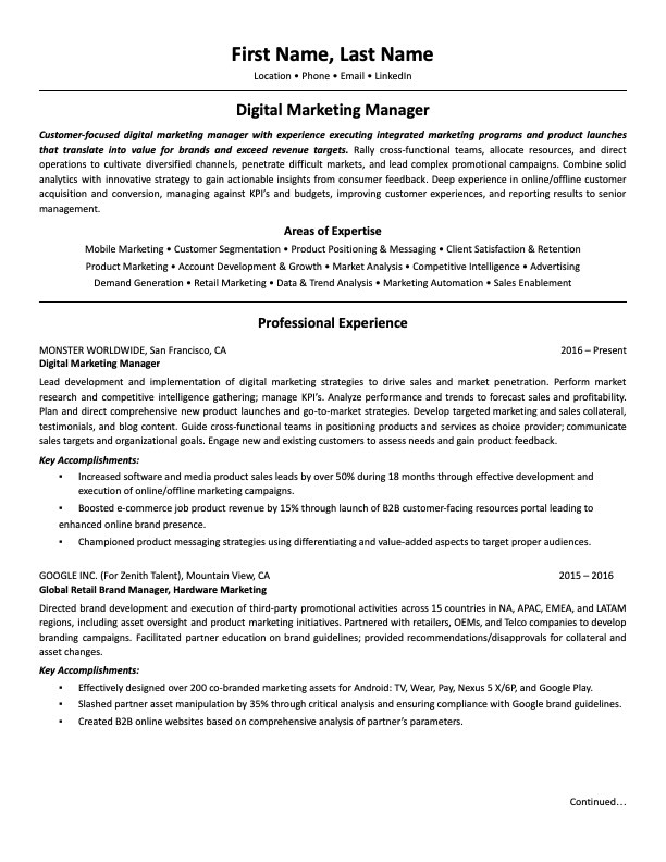 marketing manager resume