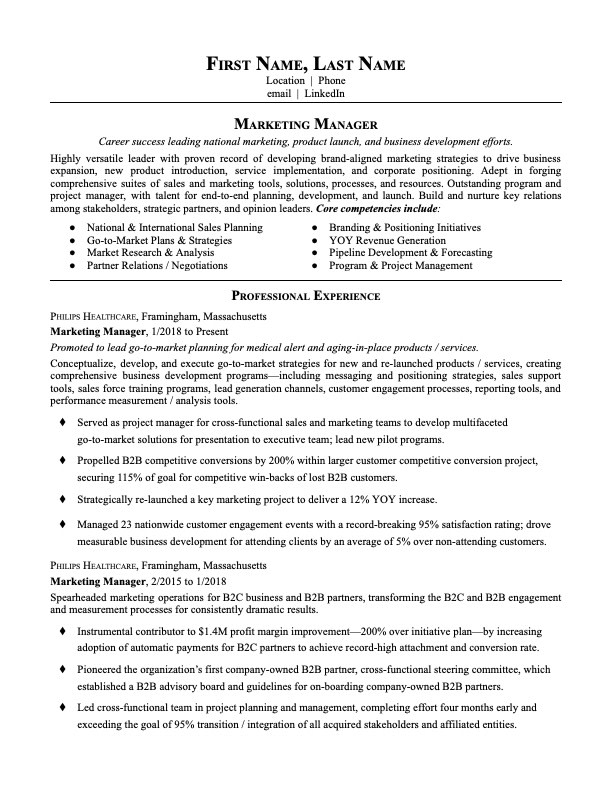 sample resume for tourism marketing manager