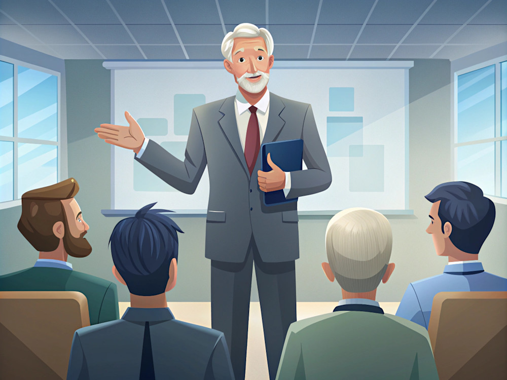 senior manager giving presentation to younger colleagues