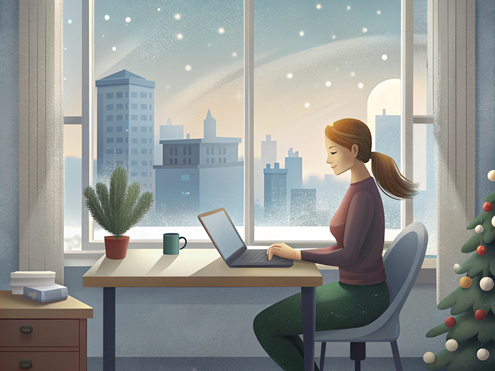 Female behind laptop looking for a job during christmas time