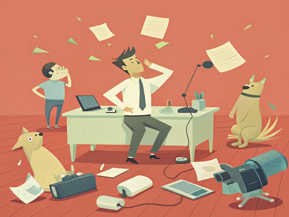 someone that is stressed in an office that is very messy