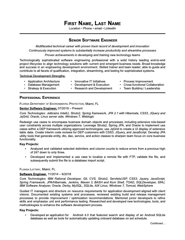 resume template for senior software engineer