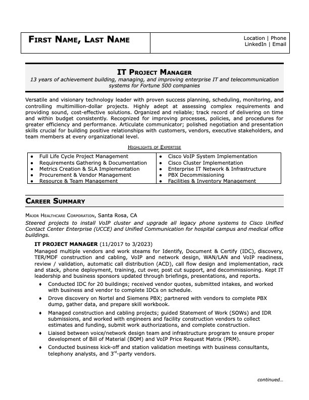 it project manager summary for resume