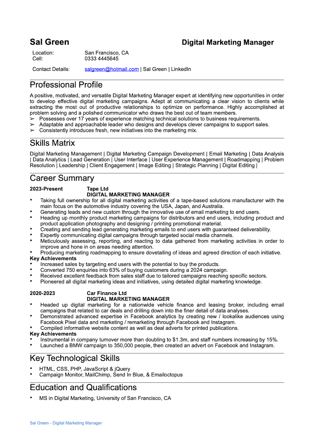 Digital Marketing Manager resume example