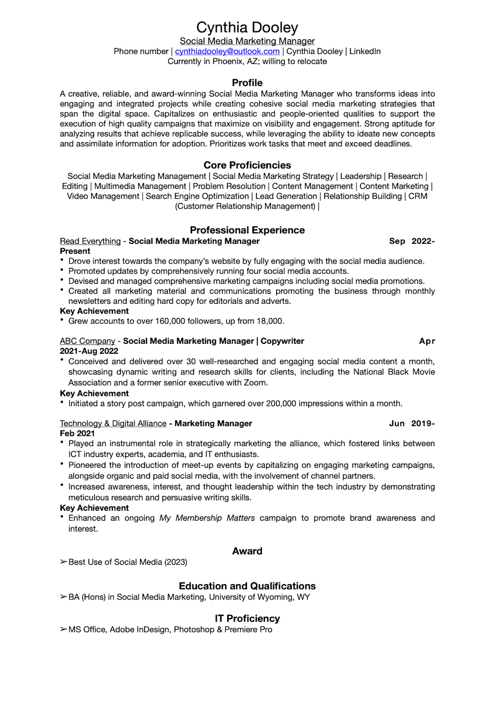Social Media Marketing Manager resume example