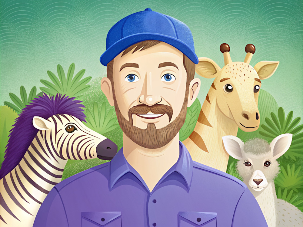 Digital image of male zookeeper with animals in the background