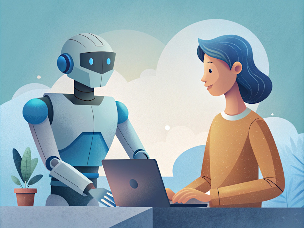 A robot (ChatGPT) helping a woman look for a job behind a laptop