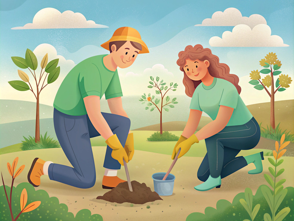 Two adults planting trees