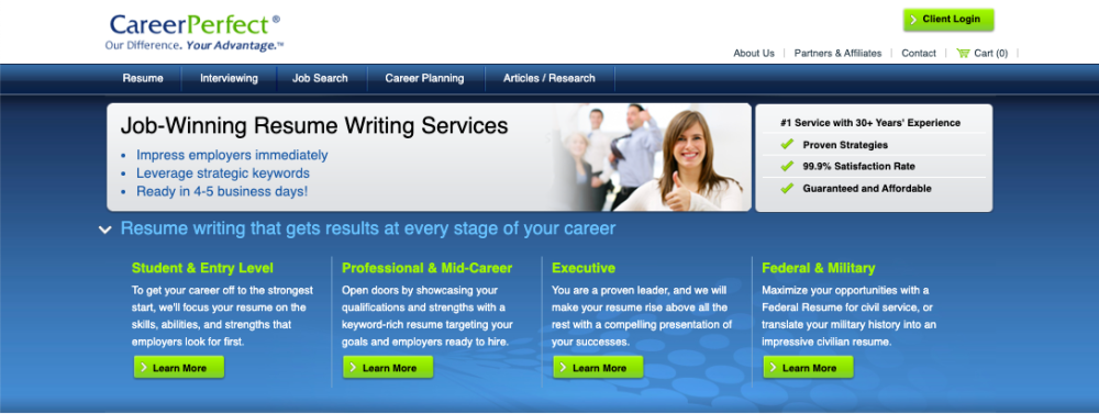 CareerPerfect job winning resume writing services homepage